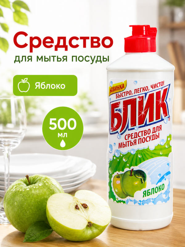 Жидкое средство для мытья посуды БЛИК Яблоко, 500 г.