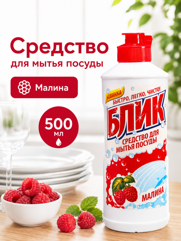 Жидкое средство для мытья посуды БЛИК 500гр МАЛИНА
