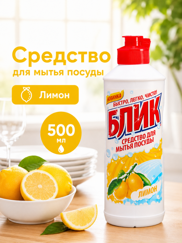 Жидкое средство для мытья посуды БЛИК Лимон, 500 г.