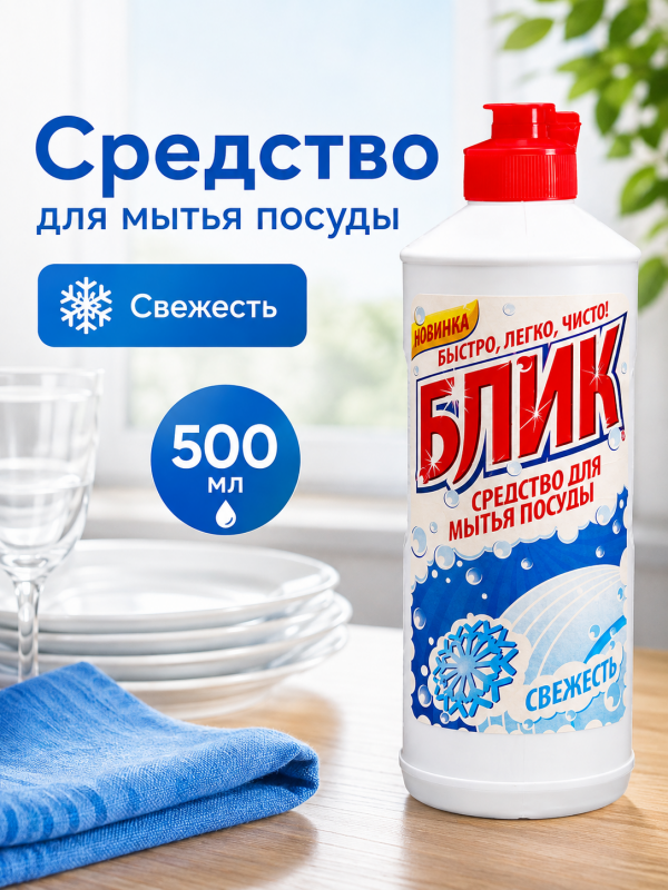 Жидкое средство для мытья посуды БЛИК Свежесть, 500 г.