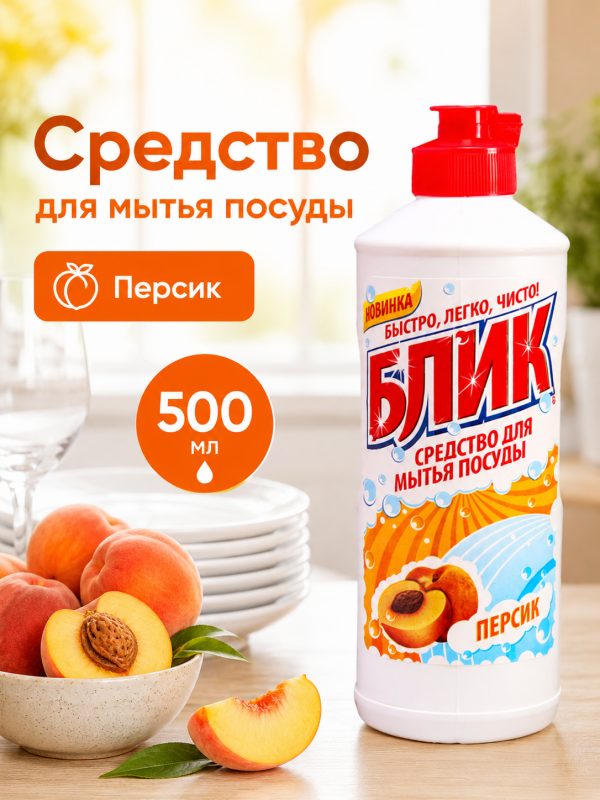 Жидкое средство для мытья посуды БЛИК Персик, 500 г.